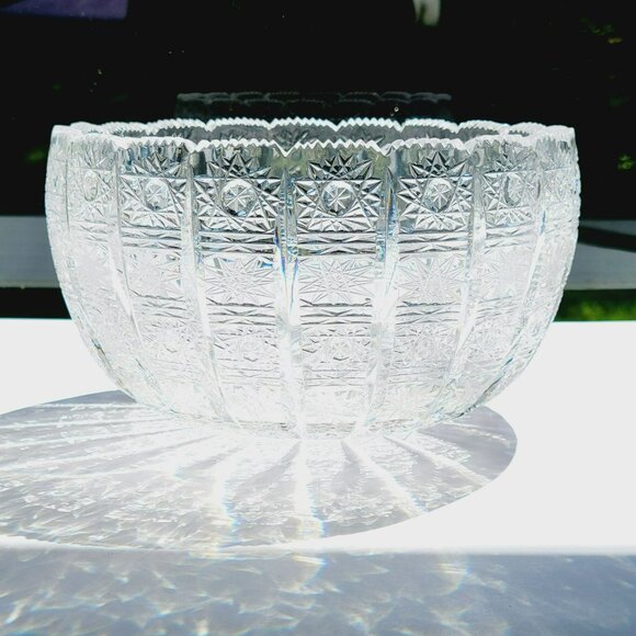 Queen Lace Other - Queen Lace Cut Crystal 8" Bowl, Intricate Star Pattern Design, Stunning Centerpi